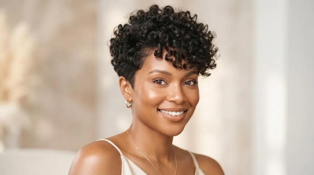 A woman showcasing a chic, textured curly pixie cut with defined natural ringlets and softly tapered sides.