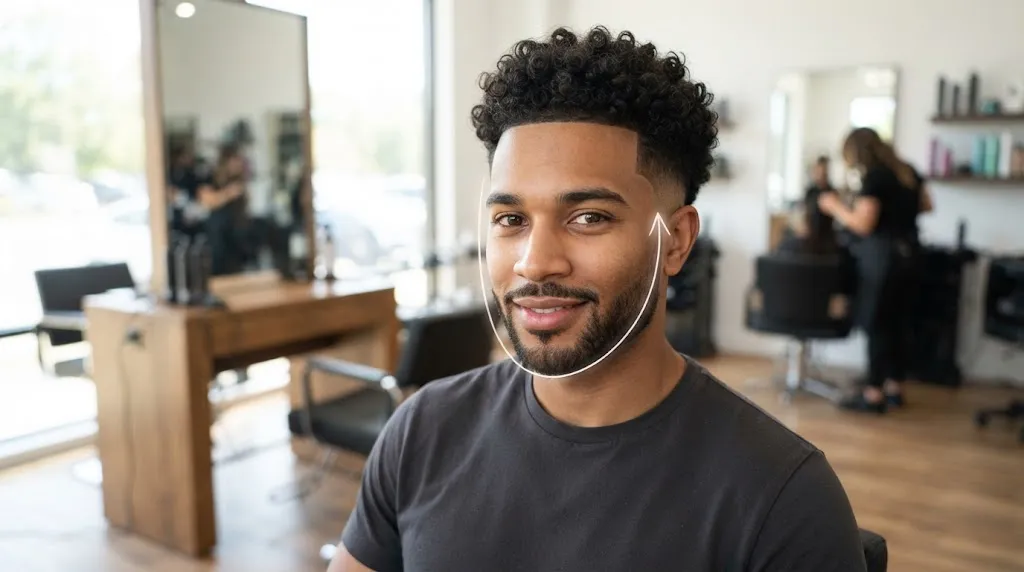 Young man with curly top volume and a clean low taper fade haircut highlighting face shape