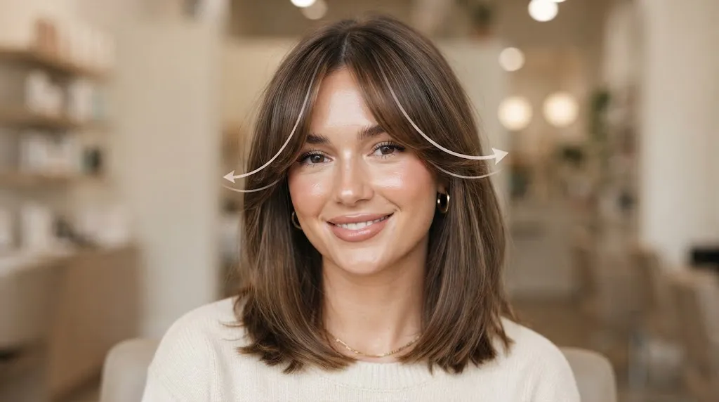 A beautiful woman showcasing soft center-parted curtain bangs sweeping outward along her cheekbones with subtle directional arrows showing face-framing movement.