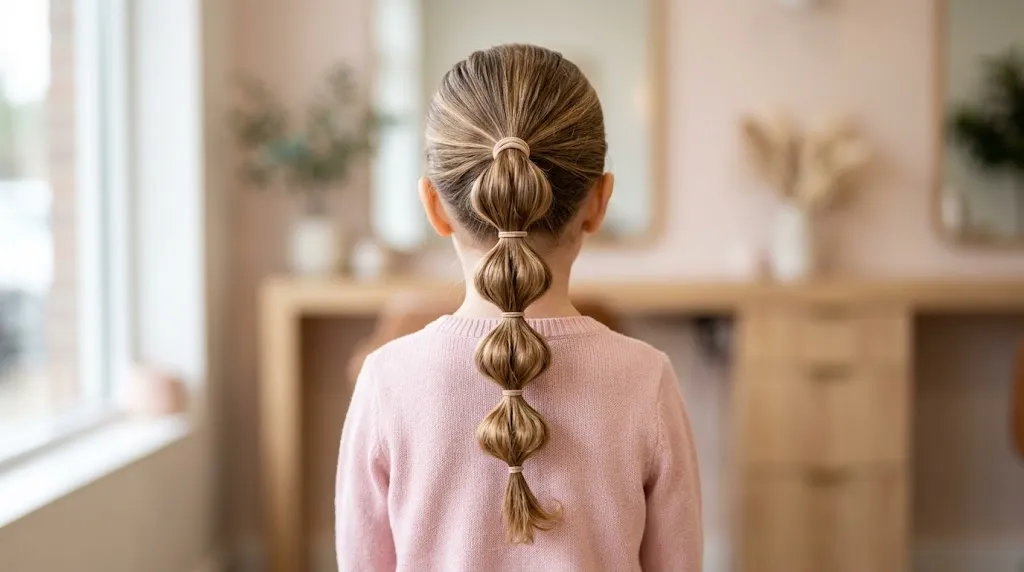 Rear view of a young girl with a perfectly styled bubble ponytail using elastics, showing soft rounded hair bubbles.
