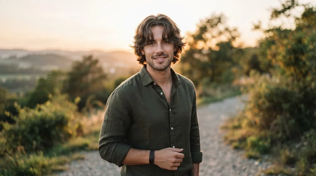 A man outdoors showcasing a stylish medium-length flow haircut with curtain bangs framing the face naturally