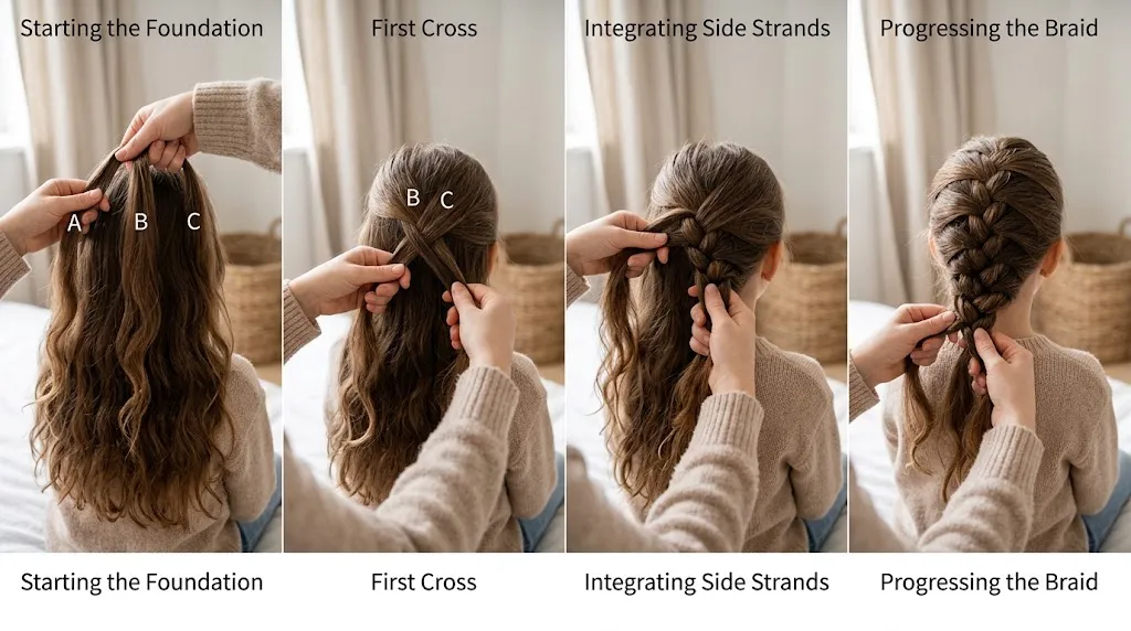 Step-by-step back view of a girl getting a neat French braid hairstyle for school