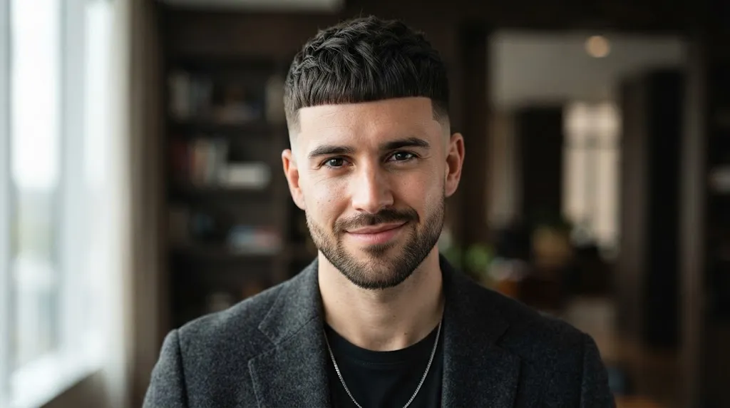 Side-profile view of a man with a textured French Crop haircut featuring a blunt horizontal fringe and clean low fade on the sides.