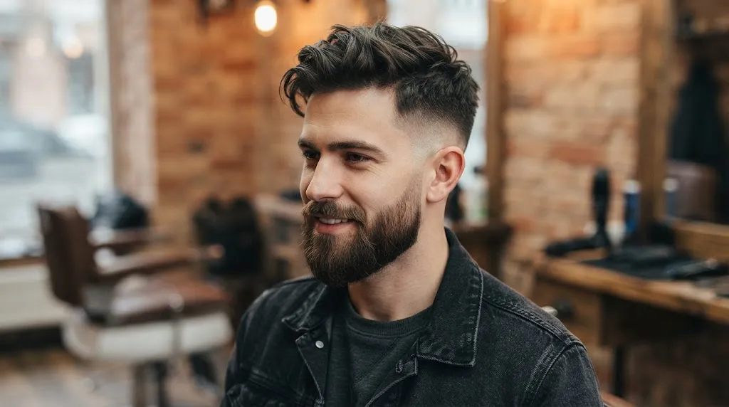 A stylish man with a modern, textured crop haircut and a well-groomed full beard in a barbershop setting.