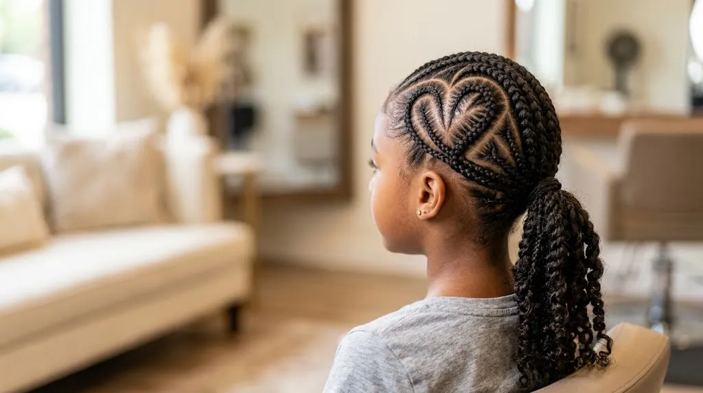 Side view of a young girl with neatly braided heart-shaped cornrows protective hairstyle