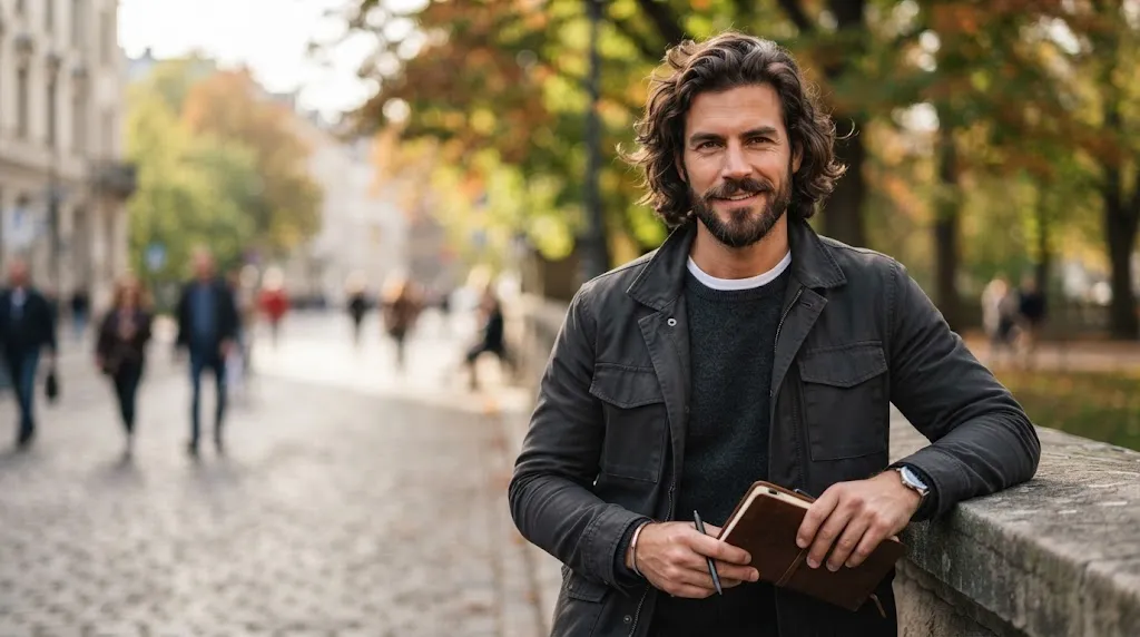A man showcasing a heavily textured medium-length flow haircut paired with a stylish beard in natural outdoor lighting.