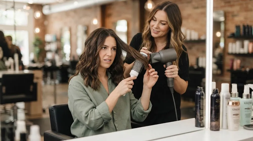 A frustrated woman trying to use a round brush and hairdryer to style her hair, guided by a professional stylist in a salon.