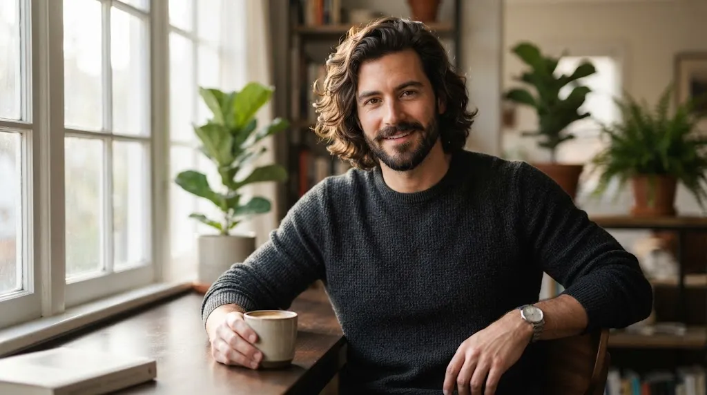 A stylish man with a healthy medium-length flow haircut demonstrating successful hair grow-out
