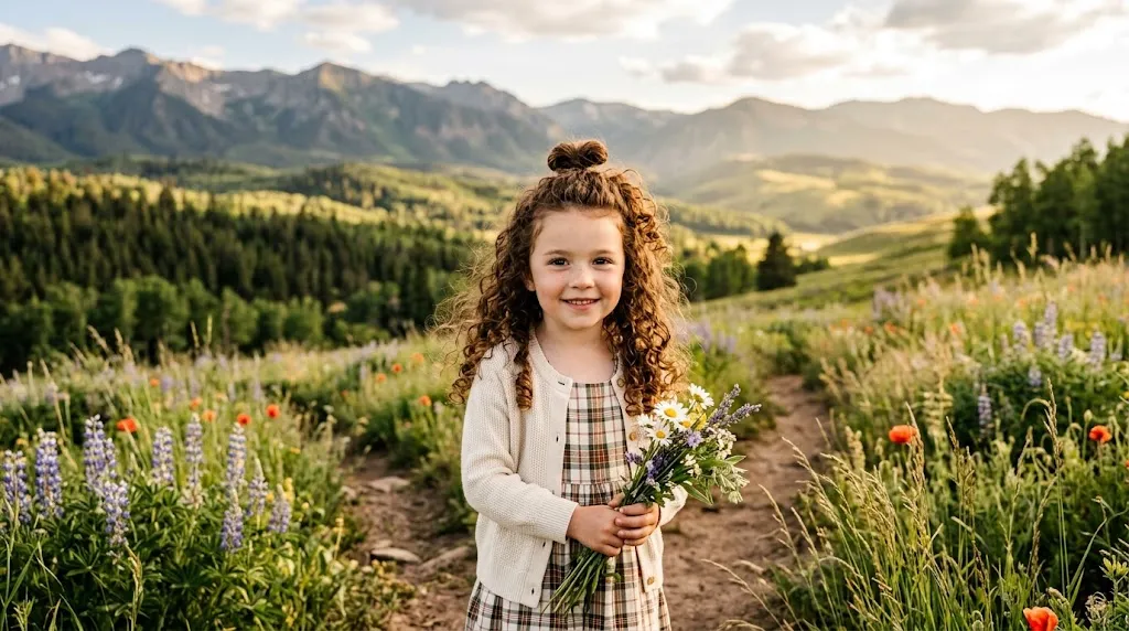 Young child with a neat curly half-up half-down hairstyle showing top hair pulled back and bouncy natural curls in the back.