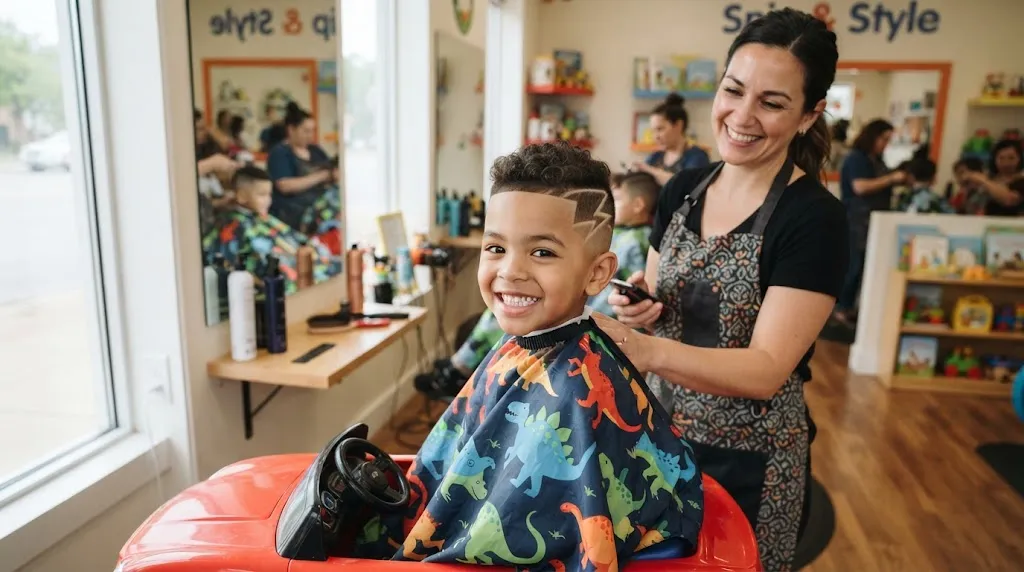 A stylish child sitting in a barber chair showing a clean kids fade with hair design featuring a sharp shaved line.
