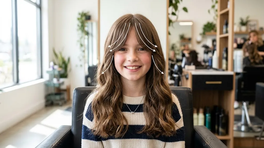A smiling young girl with long brown hair and soft curtain bangs framing her face shape, showing face-framing arrows for kids hairstyle ideas.