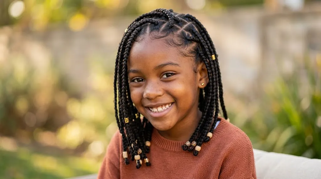 Young girl showcasing neat knotless box braids with smooth low-tension scalp parting, clean hairline, and natural protective styling for children.