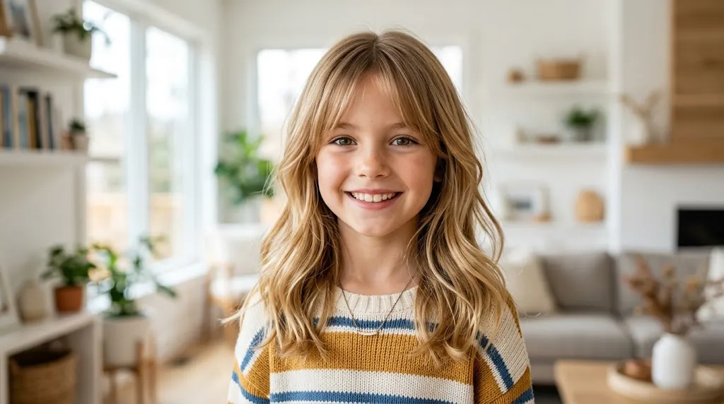 Young girl showcasing a 2026 trending hairstyle with a clean middle part and soft curtain bangs framing her face