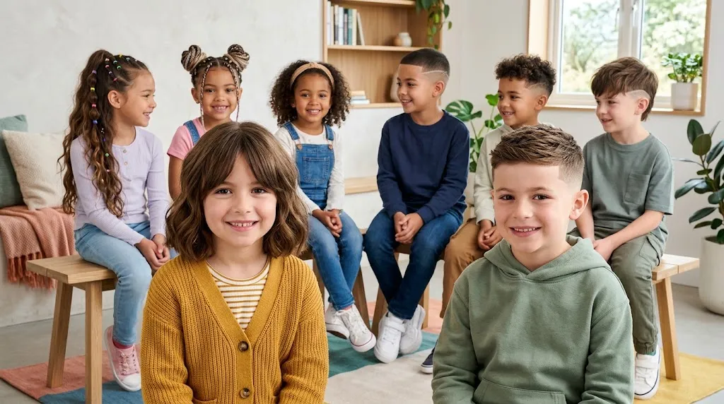 A group of happy kids displaying modern 2026 children hairstyles including a textured crop for boys and a shoulder-length bob for girls.