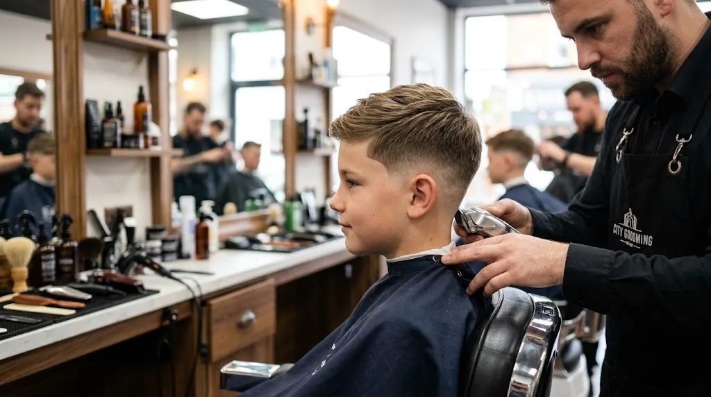 Side profile of a young boy with a clean low taper fade haircut showing smooth gradient fading around the sideburns and neckline.
