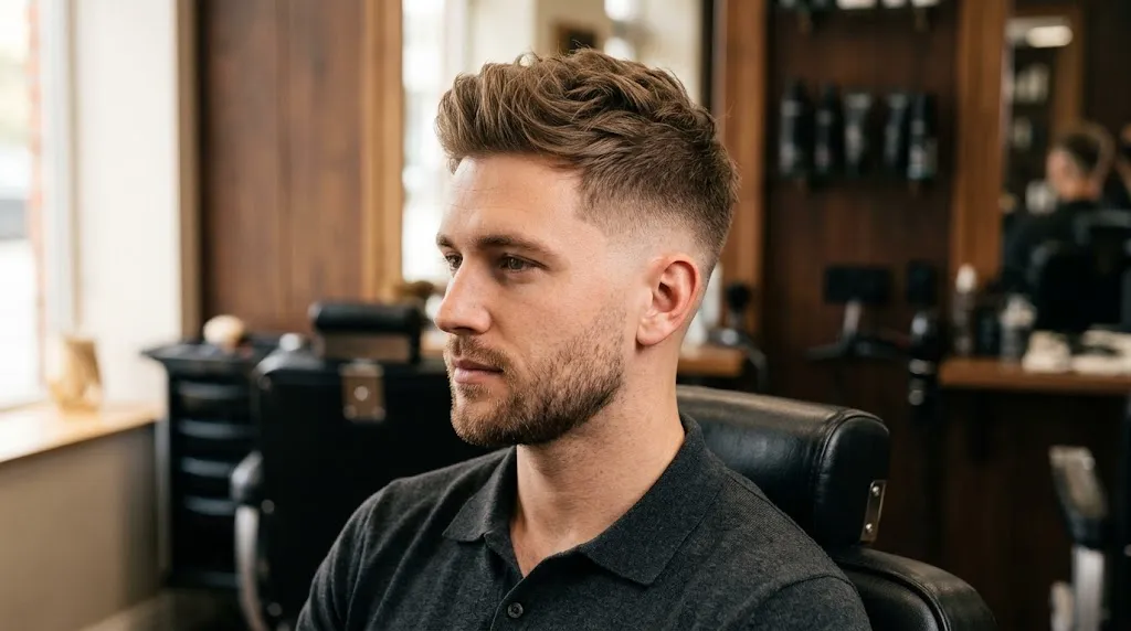 Side profile of a stylish man with a crisp low taper fade haircut showing smooth sideburn and neckline taper blending into natural texture on top