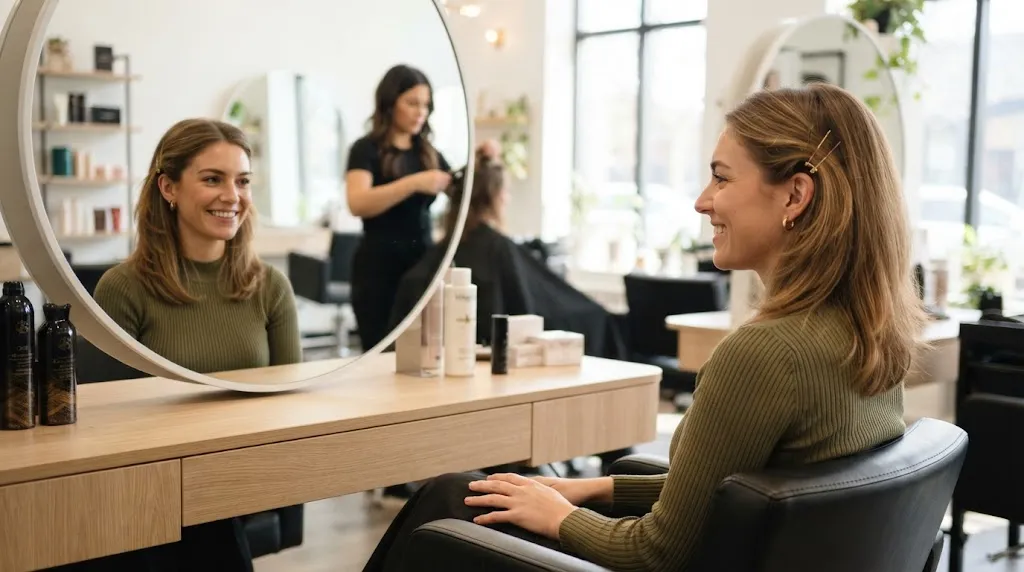 A stylish woman in a modern salon managing her hair during the awkward grow-out phase with neatly pinned-back layers.