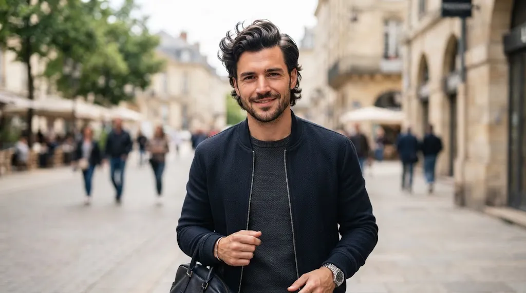 A stylish man showcasing a medium-length flow haircut with a front quiff and clean side parting