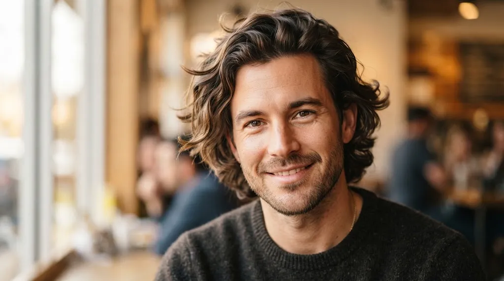 A man with a stylish medium-length flow haircut and natural wavy texture sweeping back from his face.
