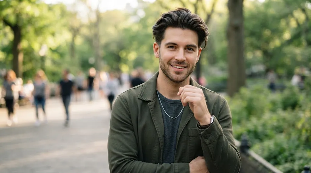 A stylish man with a classic mid taper flow haircut, showing swept-back medium length hair on top and clean tapered sides.