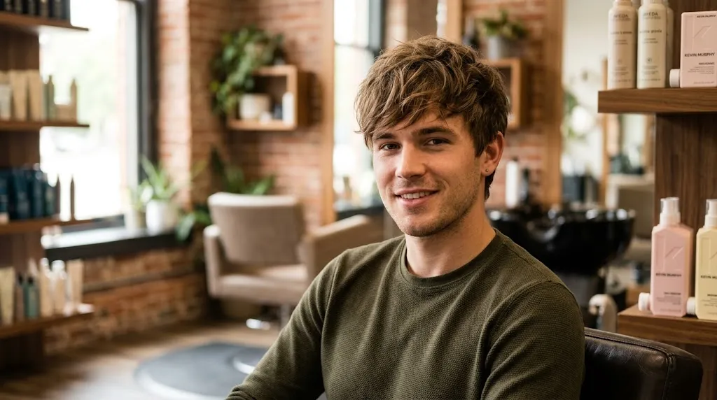 Modern messy fringe haircut for men featuring soft texture and natural forward movement