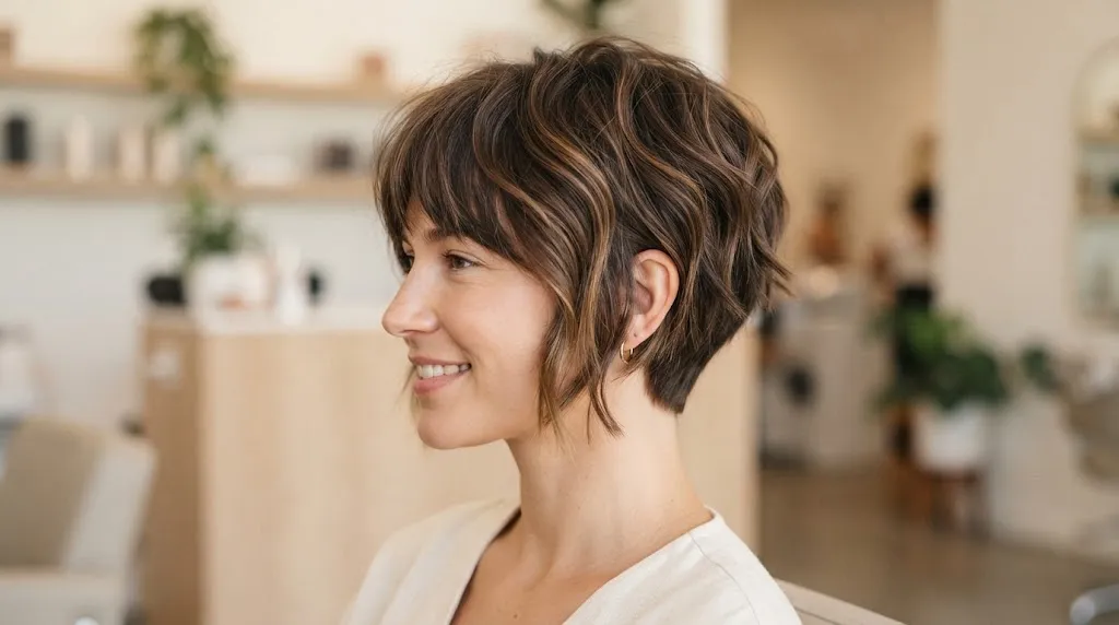 A woman displaying a stylish Bixie haircut with soft layered crown volume, cropped nape, and cheek-length face-framing layers in 16:9 landscape ratio.