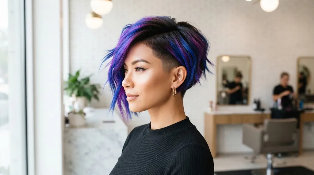 A close-up professional salon shot of a modern bold hairstyle featuring sharp structural lines and vivid color contrast.