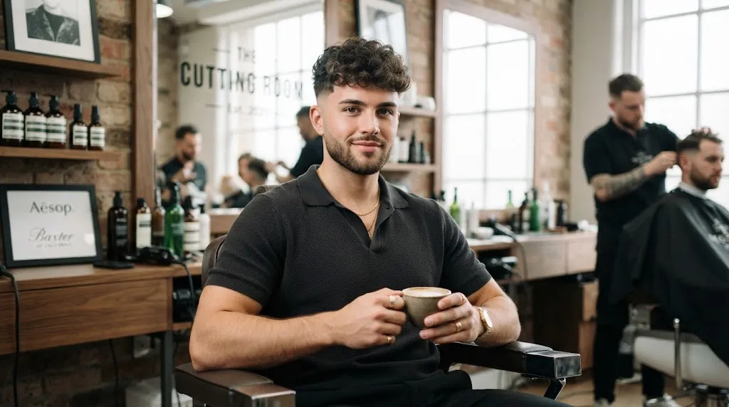A stylish young man showcasing a modern broccoli haircut with textured curls on top and clean faded sides in a barbershop