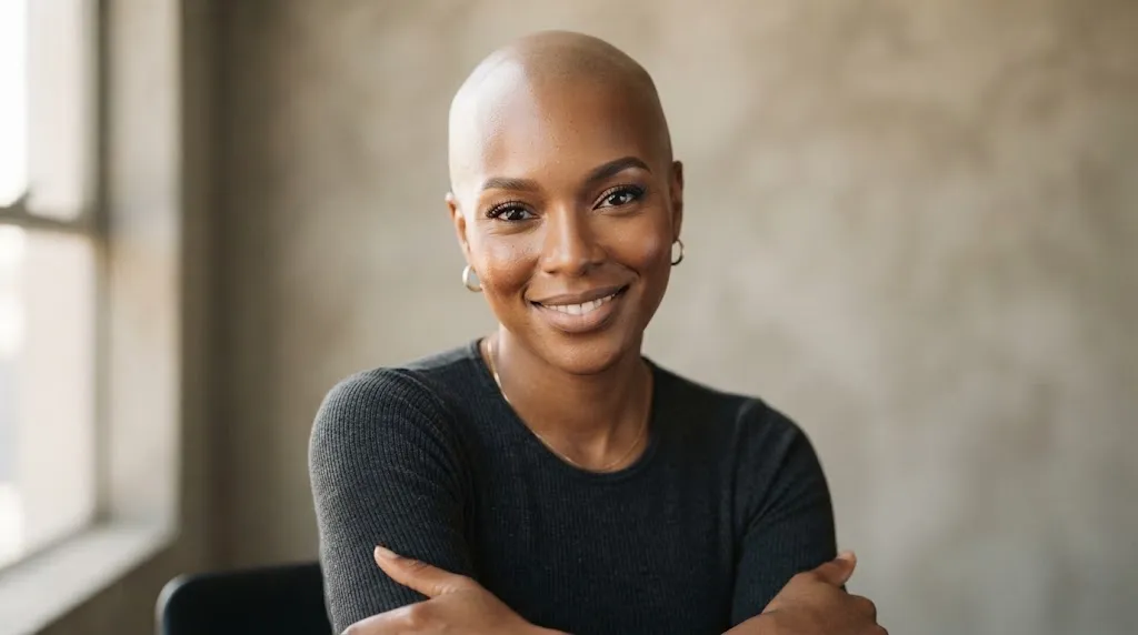 A confident individual with a clean-shaved head and smooth scalp, representing a bold modern hairstyle.
