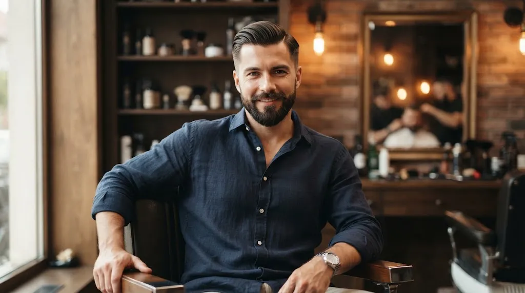 A stylish man with a clean modern comb over hairstyle and well-groomed side part sitting in a bright barbershop