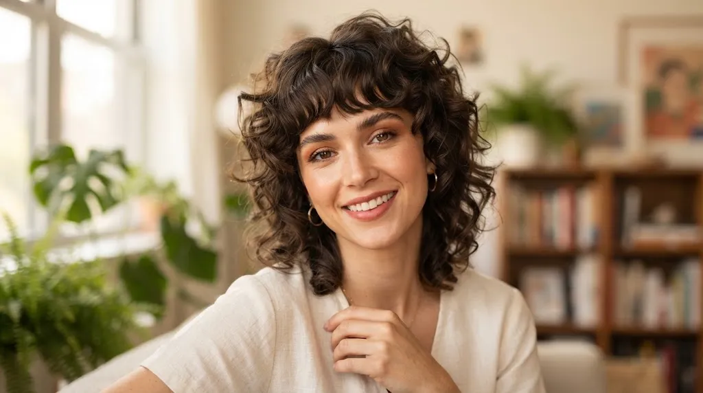 Beautiful woman with a modern curly shag haircut featuring soft rounded bangs and natural textured layers.