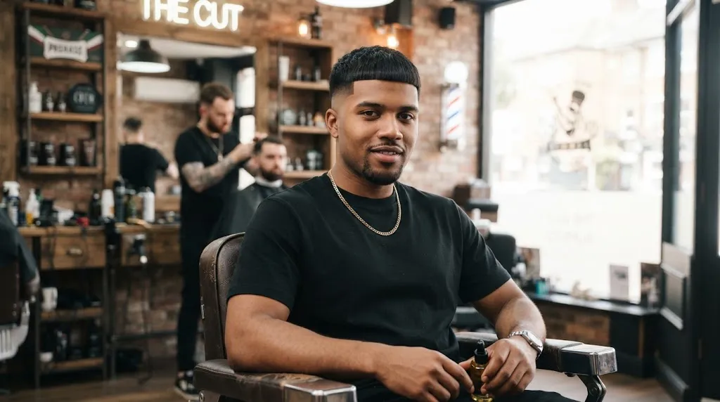 Young man showcasing a trendy Edgar haircut with a sharp taper fade and blunt straight fringe in a modern barbershop