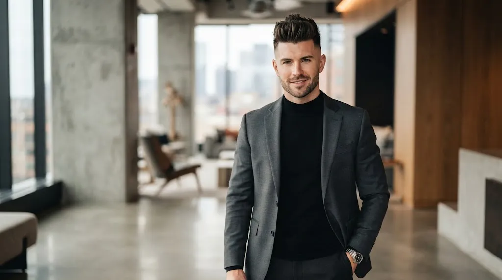 A man with a bold modern faux hawk hairstyle featuring textured volume on top and clean faded sides