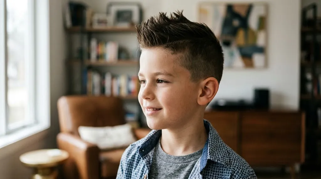 A young boy with a stylish faux hawk haircut showing tapered sides and textured top length.