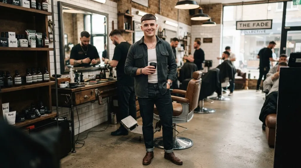 Stylish young man showcasing a modern French crop haircut with a blunt forward-swept fringe and clean faded sides.