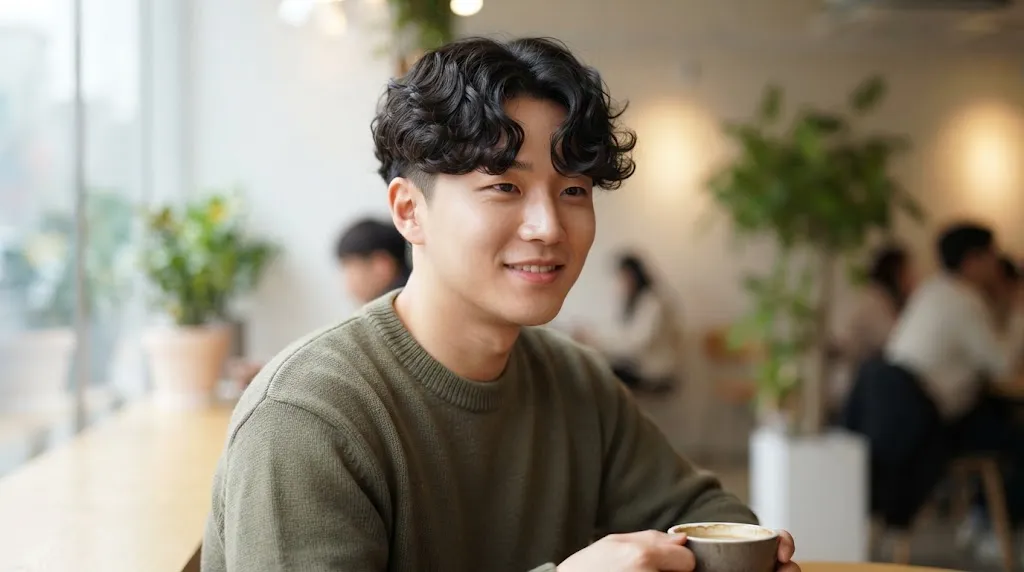 A close-up of a young Asian man with a confident smile, showcasing a trendy, soft Korean perm and a modern low fade in a bright cafe setting.