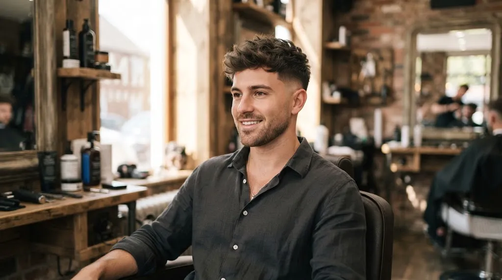 A stylish man demonstrating a clean mid fade haircut with textured natural movement on top