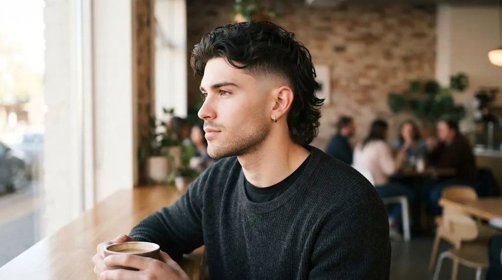 A stylish young man demonstrating a modern mullet haircut with clean faded sides and textured longer hair flowing in the back.