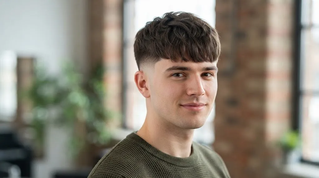 A young man showcasing a modern mushroom haircut with a rounded textured dome and clean mid skin fade