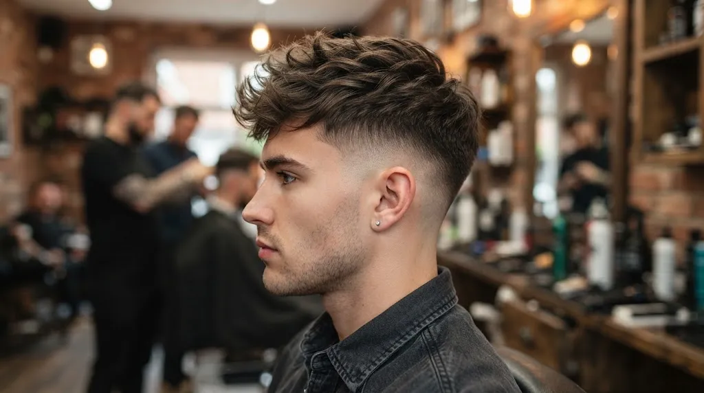 Side view close-up of a stylish man with a clean precision skin fade haircut and textured top hair in a modern barbershop.