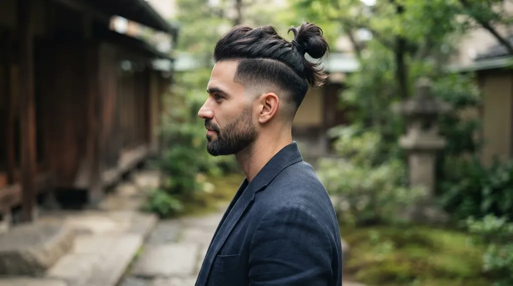 A profile view of a man in a Japanese garden showcasing his stylish Samurai Haircut with a sharp skin fade and textured top knot.