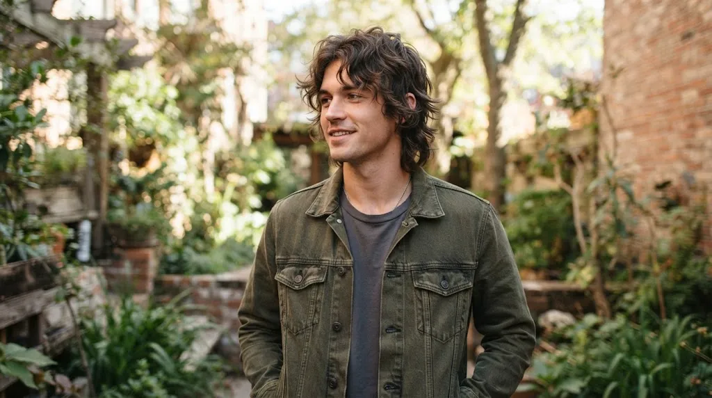 A young man with a stylish, textured modern shag haircut standing in a lush garden, showcasing the medium-length wavy layers and volume.