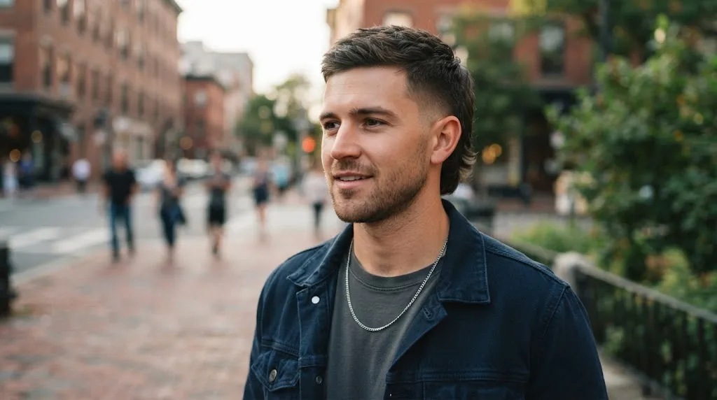 A stylish young man with a modern short mullet haircut, featuring a textured top and faded sides, walking confidently on a city street.