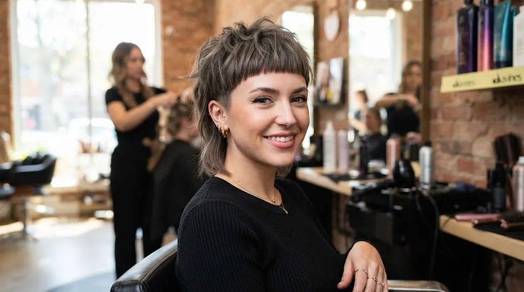 A stylish model showcasing a modern short mullet haircut with textured layers and blunt baby bangs in a professional salon.