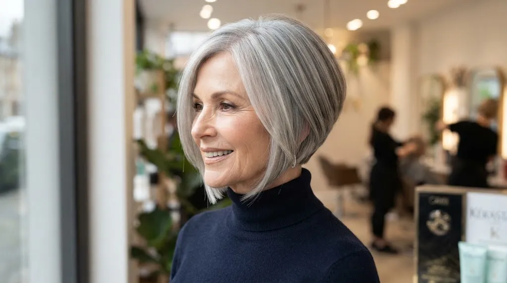 A stylish woman showcasing a modern silver granny bob haircut with a graduated nape and sleek jaw-length lines.