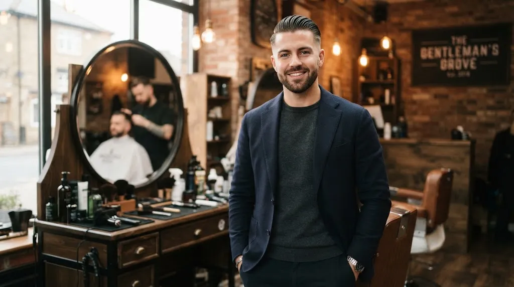 A stylish man with a clean, well-groomed modern slick back haircut posing in a professional salon environment.