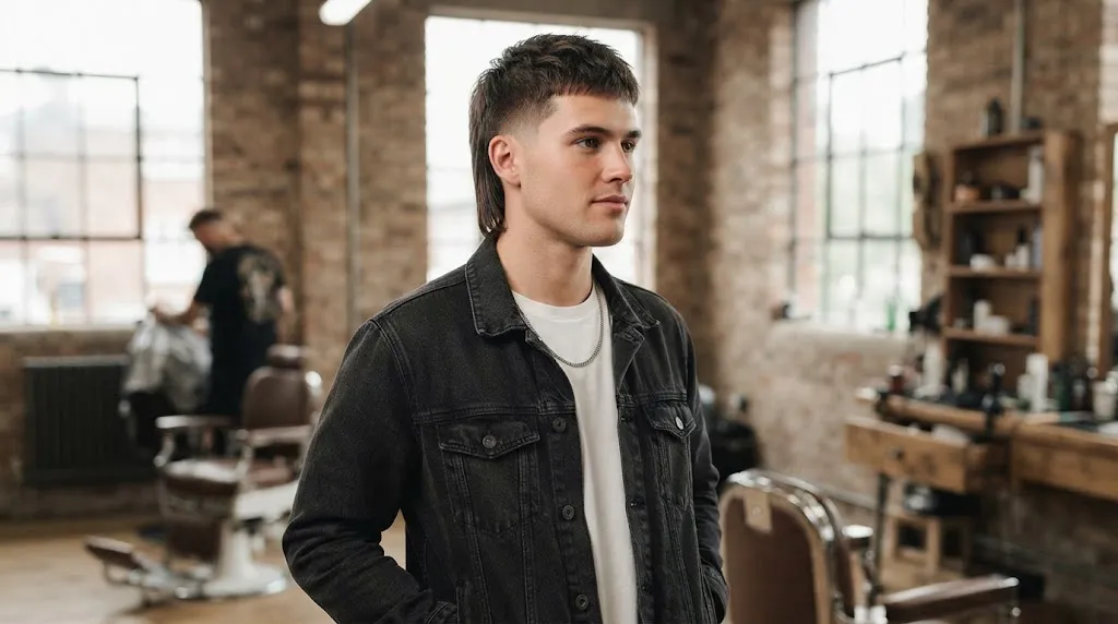 A stylish young man in a barber shop with a modern straight mullet haircut, featuring short textured hair on top and a sleek, straight back.