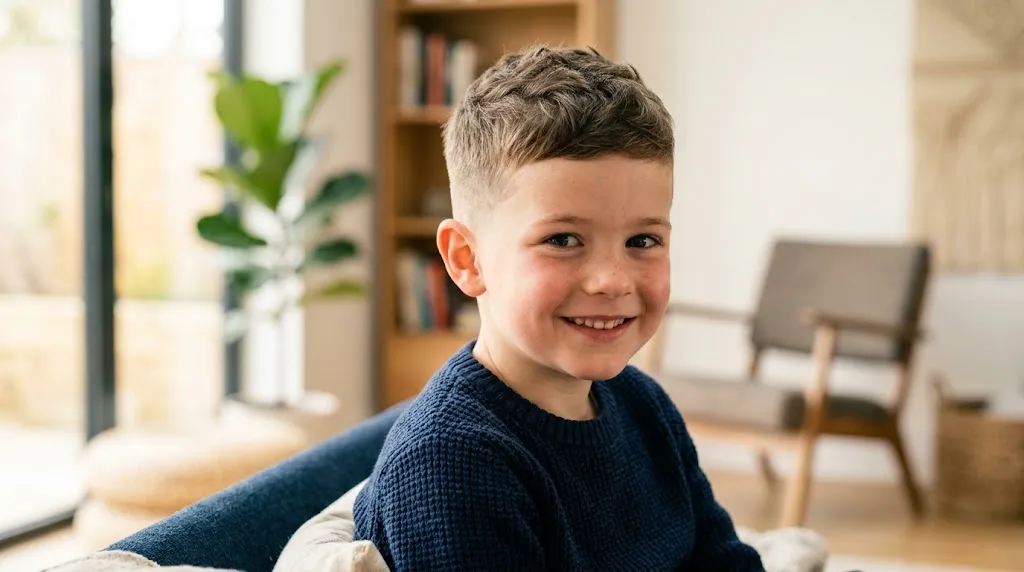Young boy with a stylish textured crop haircut featuring short tapered sides and layered top