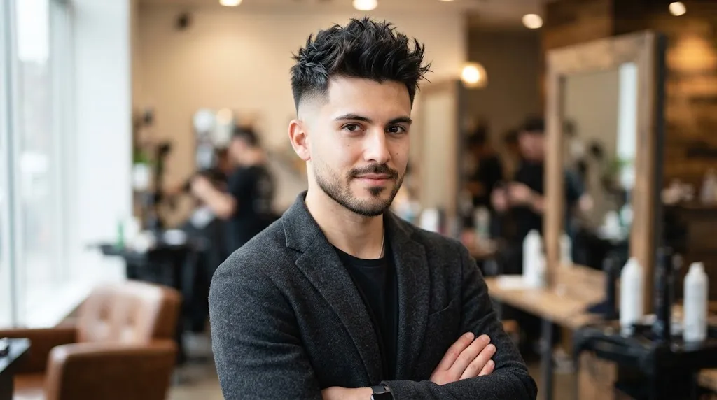 Stylish man with a modern textured faux hawk haircut and clean faded sides