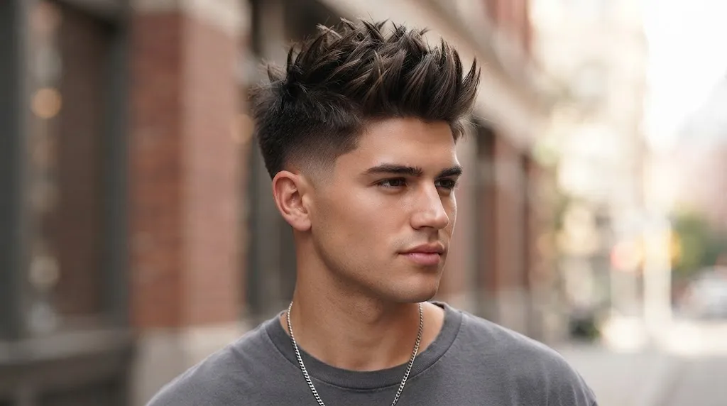 A young man with a trendy, high-volume spiky hairstyle and a skin fade, shot in an urban setting.